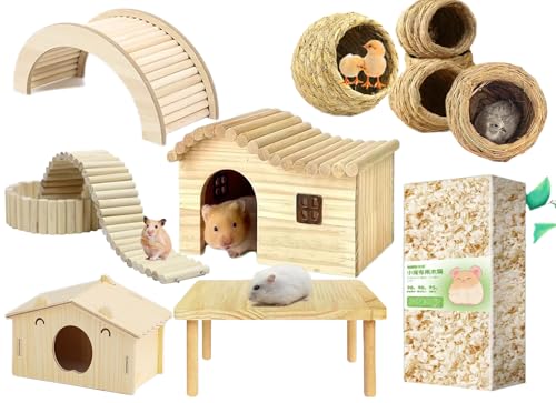 Moderne Pinienhamsterkäfig Kleintierhabitat, für Wohnen, Spielen und Landschaftsbildung im Kinderkasten Enthält sechs Stück Haus, Tisch, Zaun, Vogelnest Holzbrücke, Sägemehl 8 Stück(Decorative Set) von FTYSXP