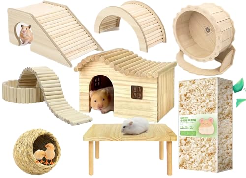 Natürlicher Kiefernhammerkäfig Landschaftsgestaltungsset, Massivholzlaufräder, Holzbrücke und Massivholzzaun 8pcs (Hamsterkäfig Landschaftsset) von FTYSXP