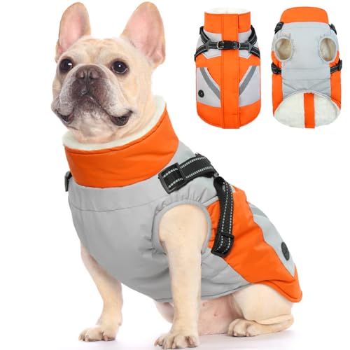 FUAMEY Hundejacken, Hundemantel mit Geschirr, integrierte wasserdichte Hundejacke, Wintermantel mit Reißverschluss auf der Rückseite, Schneeanzug, Haustierkleidung, Kotbeutel, Taschen, reflektierende von FUAMEY