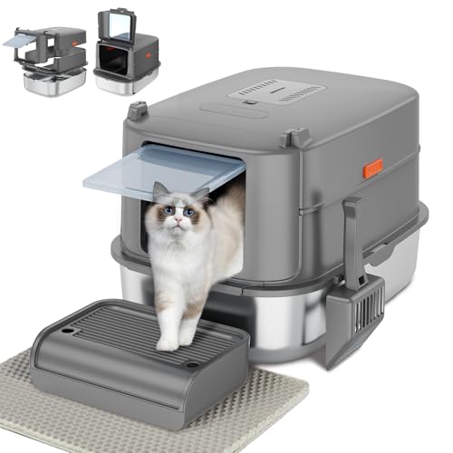 FUEIRYOG Geschlossene Edelstahl-Katzentoilette mit Deckel für große Katzen/Kätzchen, XL große abnehmbare Katzentoilette mit Schaufel, Matte, Treppe, Kohle-Kartusche, geruchlos, antihaftbeschichtet, FUEIRYOG Geschlossene Edelstahl-Katzentoilette mit Deckel für große Katzen/Kätzchen, XL große abnehmbare Katzentoilette mit Schaufel, Matte, Treppe, Kohle-Kartusche, geruchlos, antihaftbeschichtet, von FUEIRYOG