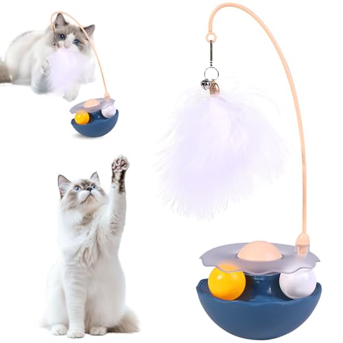 Interaktives Katzenspielzeug Angel mit Federn, 3 in 1 Katzenangel Glöckchen mit Katzenminze Track Ball, Katzenspielzeug Selbstbeschäftigung Kätzchen Zauberstab für Katzen zum Spielen Innen (Blau) von FUFRE