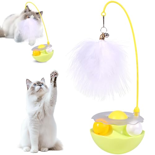 Interaktives Katzenspielzeug Angel mit Federn, 3 in 1 Katzenangel Glöckchen mit Katzenminze Track Ball, Katzenspielzeug Selbstbeschäftigung Kätzchen Zauberstab für Katzen zum Spielen Innen (Gelb) von FUFRE