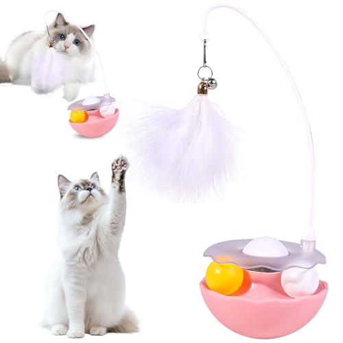 Interaktives Katzenspielzeug Angel mit Federn, 3 in 1 Katzenangel Glöckchen mit Katzenminze Track Ball, Katzenspielzeug Selbstbeschäftigung Kätzchen Zauberstab für Katzen zum Spielen Innen (Rosa) von FUFRE