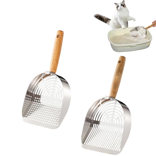 Katzenklo Schaufel Edelstahl, Katzenstreuschaufel mit Langer Holzgriff, 3,5/4 mm Lochabstand Katzenschaufel für Katzenklo, Katzentoilette Katzenstreu Schaufel Metall für Katzenstreu Klumpstreu (2PCS) von FUFRE