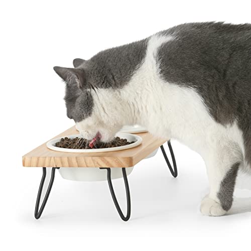 FUKUMARU Erhöhte Katzennäpfe aus Keramik, für kleine Hunde, erhöhtes Futter- und Wassernapf-Set, massives Kiefernholz, Wasserständer für Katzen und Welpen von FUKUMARU