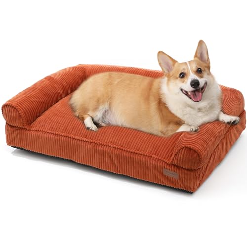 FUKUMARU Hundebett für große Hunde, Flauschiges & Hundesofa mit wasserabweisender TPU-Schicht, Cordstoff, Waschbar und rutschfest, Abnehmbarer Reißverschlussbezug, 93 x 63 x 22 cm, Orange von FUKUMARU