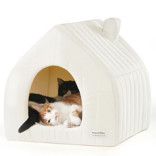 FUKUMARU Katzenbett große Katzen Katzenhöhle-43x43x45cm,Katzenhaus Indoor Mit abnehmbarem Katzenkissen,Haus Modellierung Stil, Katzen Bettchen waschbar, Weiß von FUKUMARU