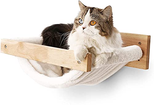 FUKUMARU Kletterwand Katzen, Großes Katzenregal zur Wandmontage, aus massivem Gummibaumholz, Katzenhängematte Wand zum Schlafen, Spielen, Tragkraft bis 18 kg, Weißes Flanellmaterial FUKUMARU Kletterwand Katzen, Großes Katzenregal zur Wandmontage, aus massivem Gummibaumholz, Katzenhängematte Wand zum Schlafen, Spielen, Tragkraft bis 18 kg, Weißes Flanellmaterial von FUKUMARU