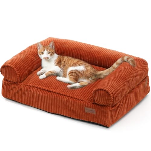 FUKUMARU Katzensofa Bett, Corduroy Gemütliches Katzenbett für drinnen mit abnehmbarem waschbarem Bezug, Stützendes Anti-Rutsch Hundebett Sofa für kleine Hunde, 72 x 52 x 22 cm, Mittel, Orange von FUKUMARU