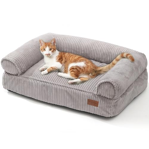 FUKUMARU Katzensofa Bett, Corduroy Gemütliches Katzenbett für drinnen mit abnehmbarem waschbarem Bezug, Stützendes Anti-Rutsch Hundebett Sofa für kleine Hunde, 72 x 52 x 22 cm, Mittel, grau von FUKUMARU