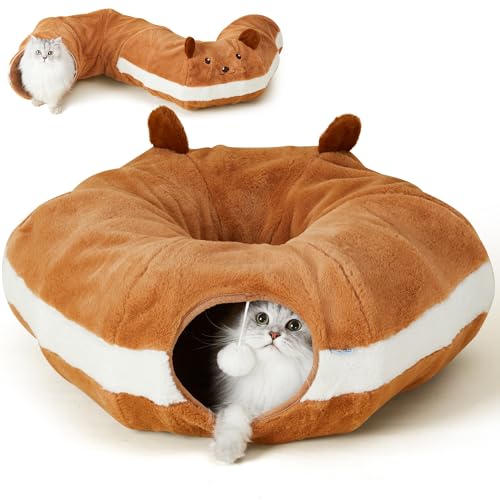 FUKUMARU Katzentunnel Rund Mit Schlafplatz, Donut-Katzen-Tunnelspielzeug， Katzenversteck interaktive Spielzeuge, zusammenklappbar und waschbar, Medium von FUKUMARU