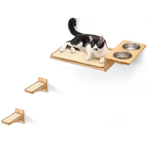 FUKUMARU Kletterwand Katzen Set, 2 Katzentreppe aus Massives Gummiholz, Katzenwand mit Katzenfutterstation aus Edelstahl, Wandregale mit Sisalmatte, ideal zum Spielen, Schlafen und Fressen FUKUMARU Kletterwand Katzen Set, 2 Katzentreppe aus Massives Gummiholz, Katzenwand mit Katzenfutterstation aus Edelstahl, Wandregale mit Sisalmatte, ideal zum Spielen, Schlafen und Fressen von FUKUMARU