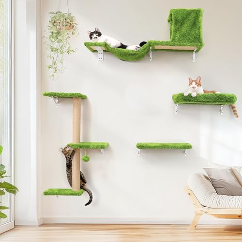 FUKUMARU Kletterwand Katzen Set, 10-teilig Katzen Kletterwand Set, aus robuster Multiplexplatte，Hängematte Katze mit Katzenhaus, Katzenbrücke, Katzenbaum, Katzentreppe bis zu 18 kg, grün von FUKUMARU