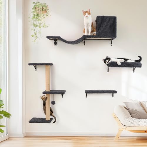 FUKUMARU Kletterwand Katzen, Katzen wandelemente, Kletterwand Set 10-teilig, mit Hängebrücke mit Rutschfestem, Stabiler Kratzsäulen mit Jute, Ruhe und Hängematte, bis 18 kg, Grau von FUKUMARU