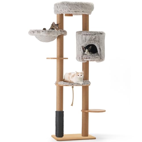 FUKUMARU Kratzbaum für Katzen,188 cm Wandmontage, Katzenbaum mit Katzenbett, Kratzpfosten, Katzenbürste und Kratzmatte aus Jute, Katzenkratzbaum aus natürlichem Gummibaumholz, Plüsch, hellgrau FUKUMARU Kratzbaum für Katzen,188 cm Wandmontage, Katzenbaum mit Katzenbett, Kratzpfosten, Katzenbürste und Kratzmatte aus Jute, Katzenkratzbaum aus natürlichem Gummibaumholz, Plüsch, hellgrau von FUKUMARU