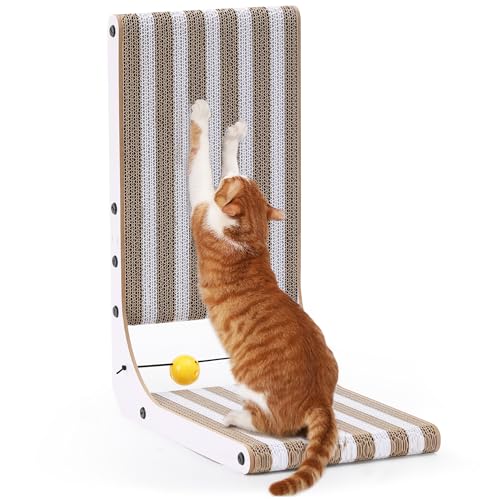 FUKUMARU Kratzbrett Katzen, 48 cm hohe L-förmige Kratzpappe mit Stripe-Muster, widerstandsfähig Katzenkratzbrett mit Ballspielzeug, Kratzmöbel aus hochwertiger Karton für Wand und Ecke, Mittel von FUKUMARU