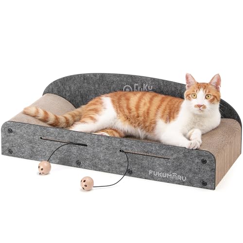 FUKUMARU Kratzbrett Katzen, 66CM langlebiges Kratzpappe und Filz, große Liege, 2 wendbare Katzenkratzpads für Katzen, recycelbares Katzenkratzbett aus Wellpappe mit Glockenballspielzeug, grau von FUKUMARU