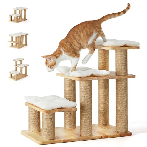FUKUMARU Hundetreppe, 3 Stufen Haustiertreppe, Katzentreppe aus natürlichem Gummiholz und Jute，18-50cm einstellbare Höhe, Hält bis zu 90 kg，Plüschkissen waschbar, 6 Kombinationsmöglichkeiten von FUKUMARU