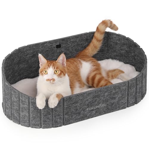 FUKUMARU Katzenbett, 61 cm großes Katzen-Couchbett mit gemütlichem Kunstkaninchenfell-Kissen, Filz-Katzenhaus-Sofa in ovaler Form, grau von FUKUMARU