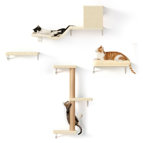 FUKUMARU Kletterwand Katzen, Katzen wandelemente, Kletterwand Set 10-teilig, mit Hängebrücke mit Rutschfestem, Stabiler Kratzsäulen mit Jute, Ruhe und Hängematte, bis 18 kg,Beige von FUKUMARU