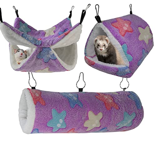 FULUE Frettchen Ratte Fleece Hängematte Versteck Hängender Tunnel Käfig Zubehör Set für kleine Haustiere, Käfig Dekorationen für Frettchen Ratten (lila) von FULUE