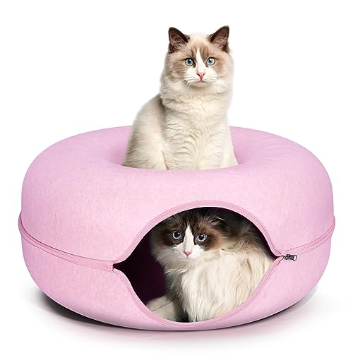 Katzentunnelbett, FULUWT Katzentunnel mit belüftetem Fenster für Indoor-Katzen, Katzenhöhle zum Versteck Anti-Kollaps Filz-Donut-Tunnel für kleine Haustiere (50,8 cm, Rosa) von FULUWT