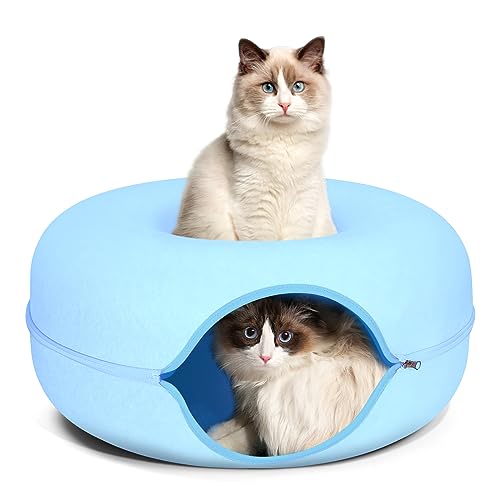 Katzentunnelbett, FULUWT Katzentunnel mit belüftetem Fenster für Indoor-Katzen, Katzenhöhle zum Versteck Anti-Kollaps Filz-Donut-Tunnel für kleine Haustiere (61 cm, blau) von FULUWT