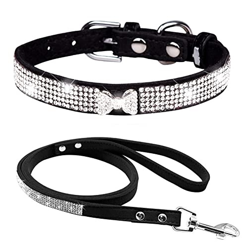FUNAT Strass Hundehalsband + Leine, Kristall Schleife Hundehalsband, Strass Hundehalsband Leinen, niedlichen Hund Strass Halsband von FUNAT