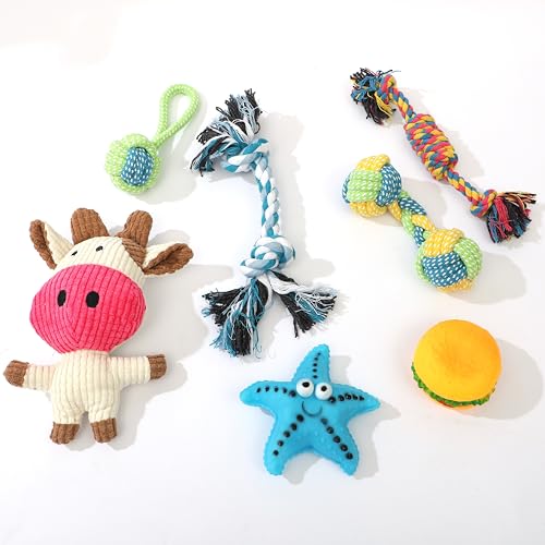 FUNFY 7 Pcs Puppy Kauspielzeug für Hund Zahnen | Hund Kauspielzeug mit Seil Spielzeug, mehrere Treaded Ball Form Seile, Star Fish Toy, Burger und Quietschspielzeug für kleine mittlere Hunde FUNFY 7 Pcs Puppy Kauspielzeug für Hund Zahnen | Hund Kauspielzeug mit Seil Spielzeug, mehrere Treaded Ball Form Seile, Star Fish Toy, Burger und Quietschspielzeug für kleine mittlere Hunde von FUNFY