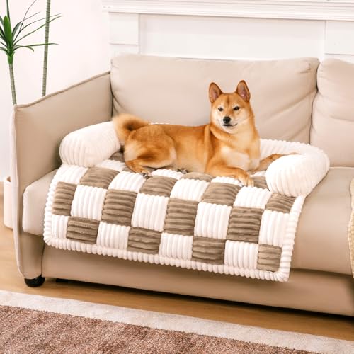 FUNNY FUZZY Couchbezüge für Hunde, Haustier-Couchbezüge für Sofa, klassisches Schachbrett, gemütliche Plüsch-Bettmatte, Haustierbezug für Couch, Möbelschutz, Größe M, Hellbraun von FUNNY FUZZY
