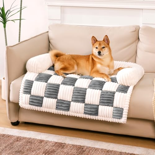 FUNNY FUZZY Couchbezug für Sofa und Haustier, Plüsch-Hundematte für Möbelschutz, cremefarben, quadratisch, kariert, gemütlich, Hundebettmatte, weiches Grau, Größe M von FUNNY FUZZY