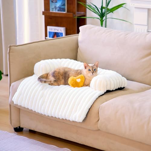 FUNNY FUZZY Haustier-Couchbezüge für Sofa, 69,8 cm L × 61 cm B × 14 cm H, beruhigendes Hundebett, flauschige Plüsch-Hundematte für Möbelschutz mit Nackenrolle, klein, Cremeweiß von FUNNY FUZZY