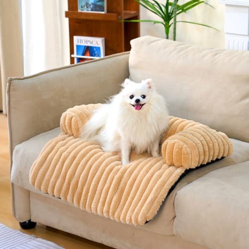 FUNNY FUZZY Haustier-Couchbezüge für Sofa, 69,8 cm L × 61 cm B × 14 cm H, beruhigendes Hundebett, flauschige Plüsch-Hundematte für Möbelschutz mit Nackenrolle, klein, Khaki von FUNNY FUZZY