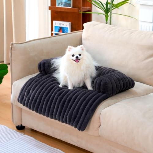 FUNNY FUZZY Haustier-Couchbezüge für Sofa, 69,8 cm L × 61 cm B × 14 cm H, beruhigendes Hundebett, flauschige Plüsch-Hundematte für Möbelschutz mit Nackenrolle, klein, dunkelgrau von FUNNY FUZZY