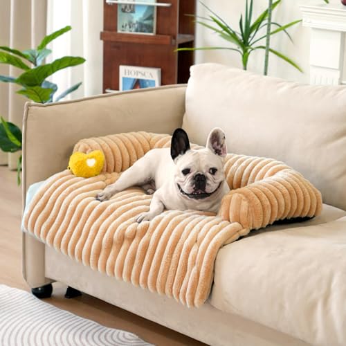 FUNNY FUZZY Haustier-Couchbezüge für Sofa, 83,8 cm L × 71,1 cm B × 14 cm H, beruhigendes Hundebett, flauschige Plüsch-Hundematte für Möbelschutz mit Nackenrolle, Größe M, Khaki von FUNNY FUZZY
