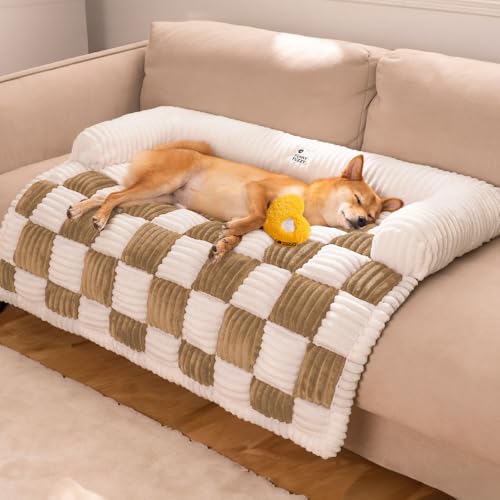FUNNY FUZZY Haustier-Couchbezüge für Sofa, große Hunde-Couch-Bettbezug, cremefarben, quadratisch, kariert, waschbar, Haustiermatte für Möbelschutz, Sofabezug für Hunde, groß, Hellbraun von FUNNY FUZZY