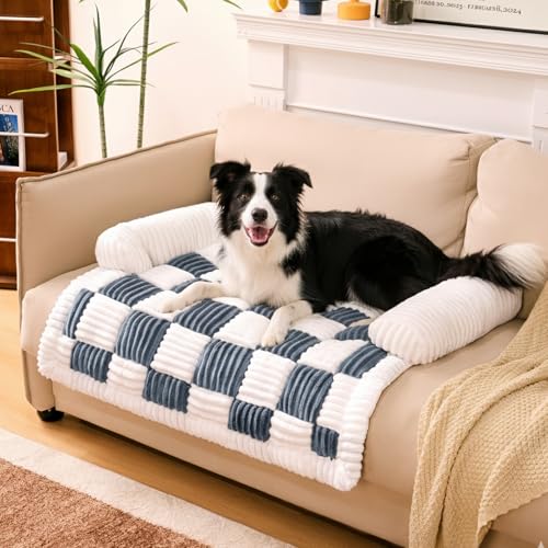 FUNNY FUZZY Haustier-Couchbezüge für Sofa, große Hunde-Couch-Bettbezug, cremefarben, quadratisch, kariert, waschbar, Haustiermatte für Möbelschutz, Sofabezug für Hunde, groß, gedecktes Grau von FUNNY FUZZY