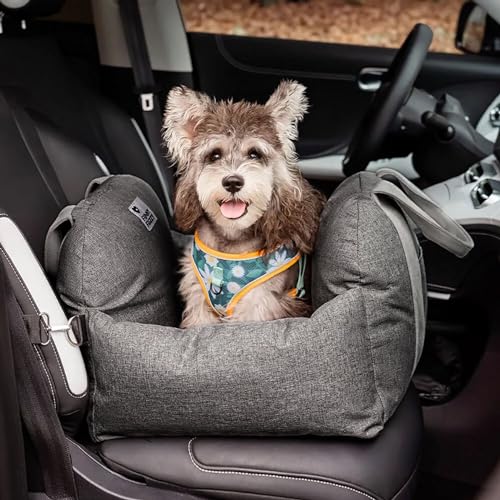 FUNNYFUZZY Hundeautositz für kleine Hunde, waschbares Hunde-Sitzbett für Auto mit Aufbewahrungstasche, Sicherheits-Clip-on-Hundeleine, abnehmbare Memory-Füllung, tragbare Haustier-Reisetasche, bis zu von FUNNY FUZZY