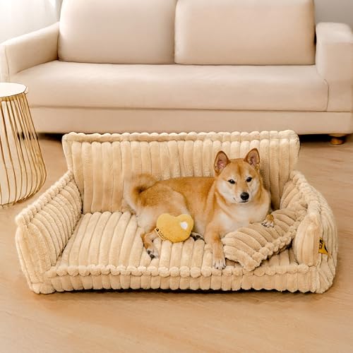 FUNNY FUZZY Hundebett für mittelgroße und große Hunde - Orthopädisches Hundesofa mit abnehmbarem, waschbarem Bezug und rutschfester Unterseite, stützendes Schaumstoff-Haustier-Couchbett, Kamel, XL von FUNNY FUZZY