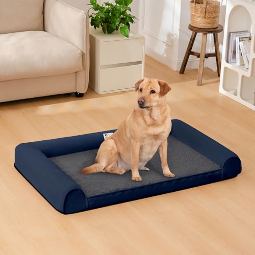 FUNNY FUZZY XXL-Hundebett – Luxuriöses Hundebett aus Kunstfleece, für riesige Hunde, Nackenrolle, Schaumstoff-Haustier-Couch-Bett mit abnehmbarem, waschbarem Bezug, rutschfest, Blau von FUNNY FUZZY