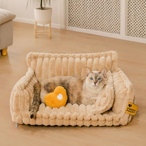 FUNNY FUZZY Orthopädisches Katzen-Couchbett, niedliches Katzensofa, waschbares Katzenbett mit flauschigem Kunstfell-Luftpolsterbezug, Katzenstuhl für Indoor-Katzen, weiches Haustierbett für Welpen und von FUNNY FUZZY