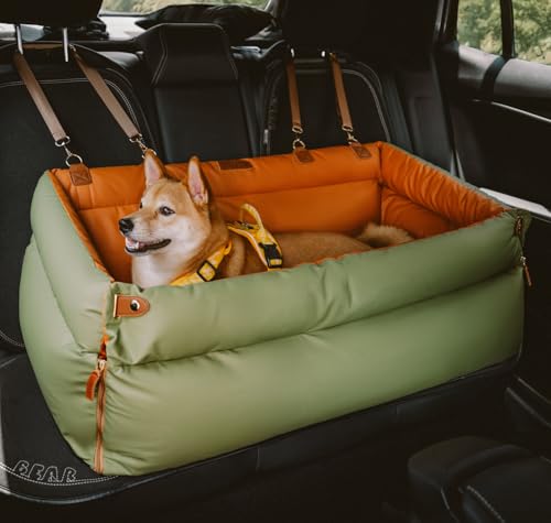 FUNNYFUZZY Hundeautositz für kleine Hunde, wasserdichtes Hunde-Autobett mit Aufbewahrungstasche, Sicherheits-Clip-On-Hundeleine, abnehmbarer tragbarer Haustier-Autositz (Grün, 95 x 41,9 x 45 cm) von FUNNY FUZZY
