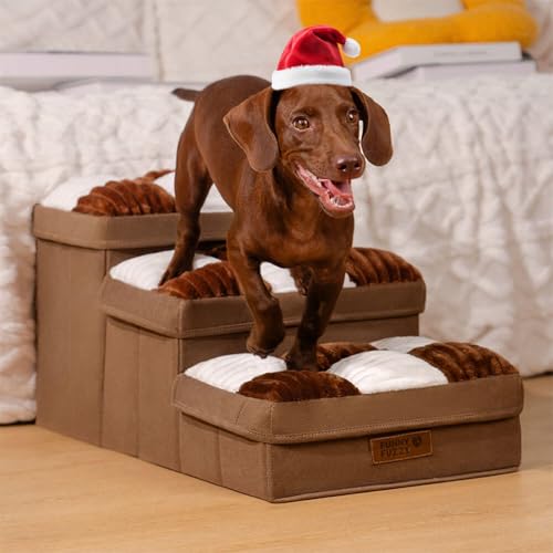 FUNNYFUZZY Hundetreppe für kleine Hunde - 3 Stufen Schachbrett Plaid Handgefertigte Hundetreppe mit Stauraum - Multifunktional und Faltbar, Braun von FUNNY FUZZY