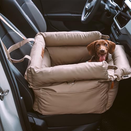 Funny Fuzzy Hundeautositz aus Leder für kleine und mittelgroße Hunde bis zu 15,9 kg, wasserdicht und waschbar, Hundeerhöhung, Autobett für Reisen und Zuhause, tragbar und sicher (Beige) von FUNNY FUZZY