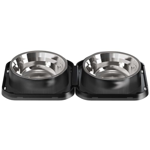 Doppel Hundenapf Set mit Rutschfestem Harzständer, Edelstahl Futter- und Wassernäpfe für mittelgroße Hunde, Katzen, Schwarz von FURNIPLAS