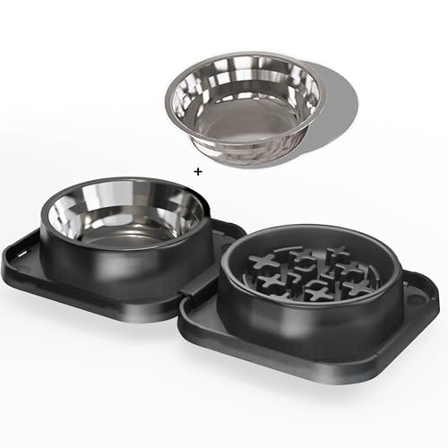 FURNIPLAS Doppel Hundenapf Set mit Rutschfestem Harzständer mit Slow Ess Napf Edelstahl Futter- und Wassernäpfe für mittelgroße Hunde Katzen Schwarz von FURNIPLAS