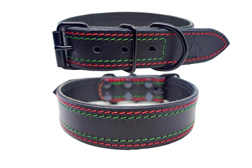 FURRO® Halsband aus Leder, Festliche Eleganz, Breites Lederhalsband, Weihnachts-Edition mit Rot-Grünen Nähten, Hochwertiges Echtleder, Für Kleine, Mittlere und Große Hunde (44–56 cm) von FURRO