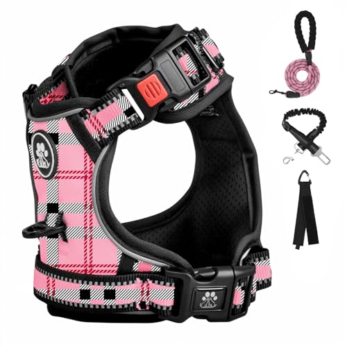 FURRYFECTION Anti Zug Hundegeschirr, Brustgeschirr kleine Hunde Sicherheitsgeschirr Welpen, Antizuggeschirr Erziehungshalsband Welpengeschirr reflektierend, Plaid Rosa von FURRYFECTION