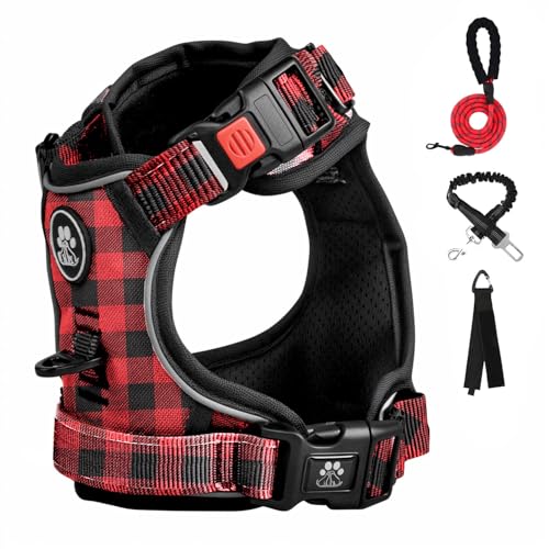 FURRYFECTION Anti Zug Hundegeschirr, Brustgeschirr kleine Hunde Sicherheitsgeschirr Welpen, Antizuggeschirr Erziehungshalsband Welpengeschirr reflektierend, Plaid Rot von FURRYFECTION