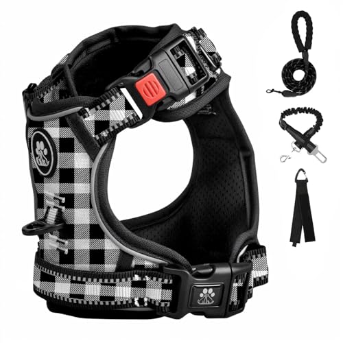 FURRYFECTION Anti Zug Hundegeschirr, Brustgeschirr kleine Hunde Sicherheitsgeschirr Welpen, Antizuggeschirr Erziehungshalsband Welpengeschirr reflektierend, Plaid Schwarz von FURRYFECTION